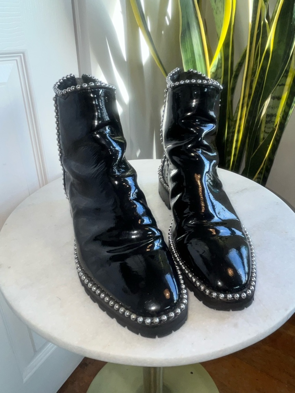 Free People + Heiress Patent Ankle Boots with Silver Stud Trim